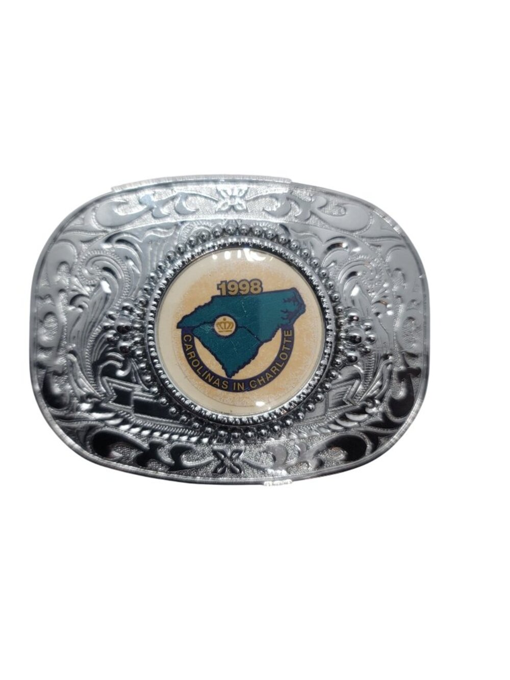 1998 Carolinas In Charlotte Silver Belt Buckle Decorative Scrollwork USA-Made